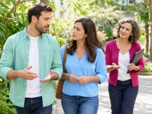 גבר, בת זוגו ומטפלת זוגית משוחחים תוך כדי הליכה בחצר ירוקה ומוארת
