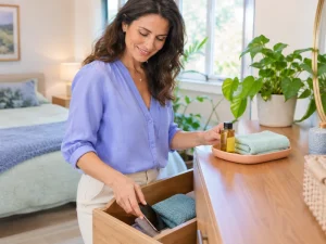 אישה בוגרת מניחה את הטלפון במגירה ומכינה שמן עיסוי ומגבת לקראת ערב זוגי רגוע