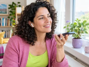 אישה בוגרת מחייכת ליד חלון ומקליטה בטלפון הודעה אישית לבן זוגה