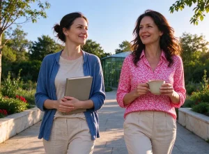 שתי נשים בוגרות הולכות יחד בגן בוטני לאחר הרצאה, כשאחת נושאת ספר לימודי סיעוד סגור
