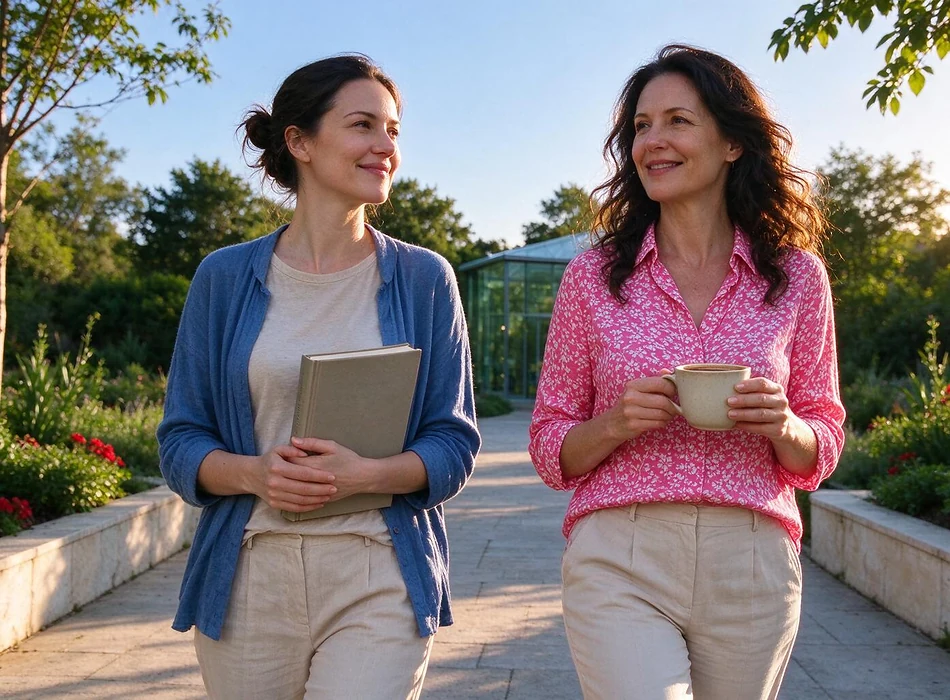 שתי נשים בוגרות הולכות יחד בגן בוטני לאחר הרצאה, כשאחת נושאת ספר לימודי סיעוד סגור